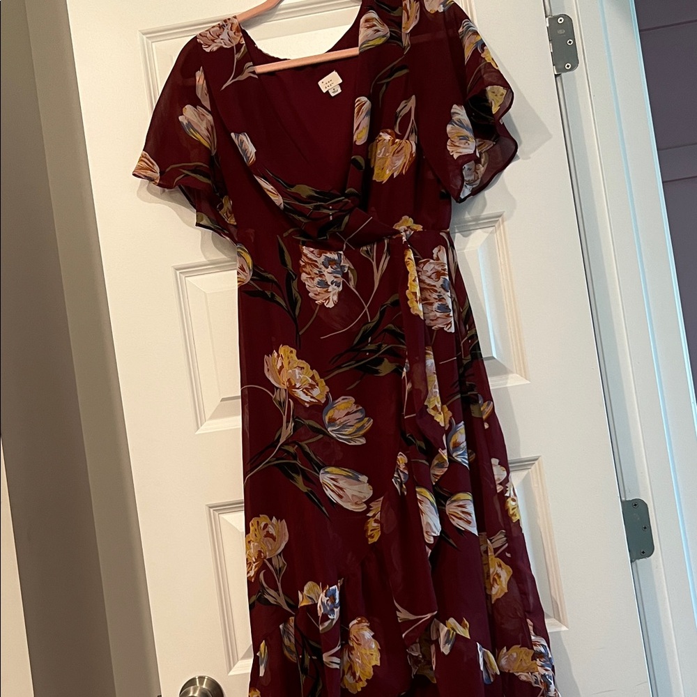 a new day Burgundy Floral Asymmetrical Dress - Picture 1 of 9